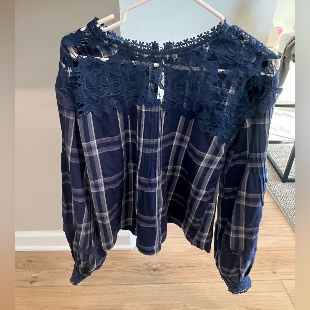 Free People - Darling Diana Bohemian blue plaid lace blouse